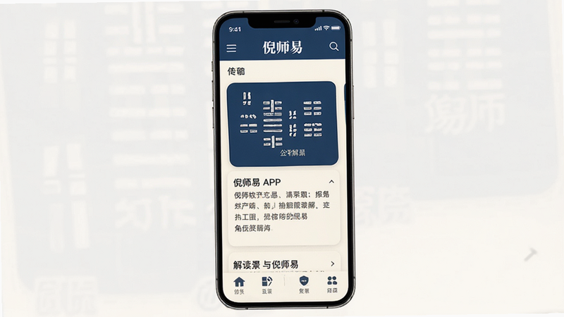 主体为手机屏幕界面,显示倪师易APP首页,布局简洁,顶部有导航栏,中间展示卦象卡片与解读摘要,底部为功能标签,风格为现代极简主义,配色为深蓝与米白,细节清晰,画质高清,干净,无多余元素,文字“倪师易”清晰可见