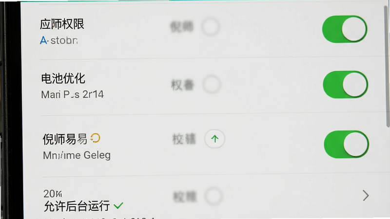 主体为手机设置界面截图,显示应用权限与电池优化选项,布局为垂直列表,风格为系统原生UI,细节为开关按钮状态,画质高清,干净,无多余元素,文字“倪师易”与“允许后台运行”可见