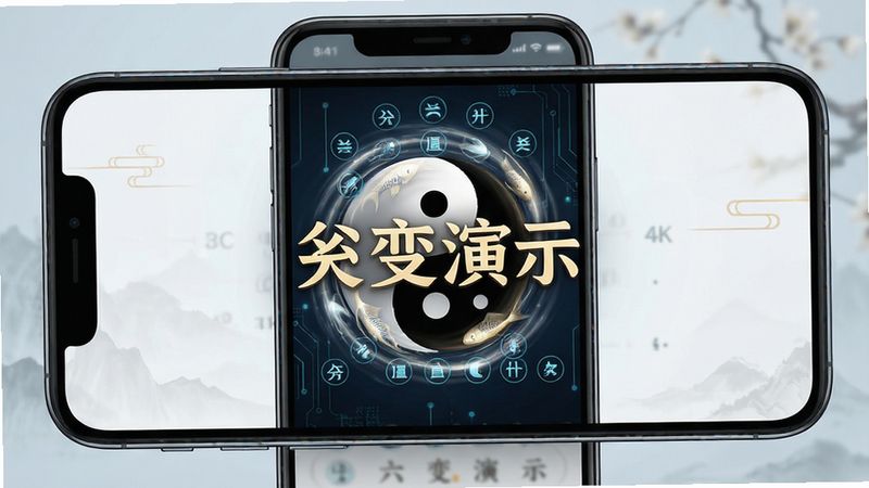 主体为手机屏幕,显示六爻动态变化动画,布局居中,风格为科技感与传统文化融合,细节为阴阳鱼旋转特效,画质4K,干净,无多余元素,文字“爻变演示”清晰