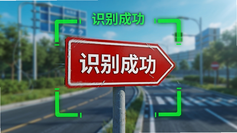 手机摄像头视角的示意图,画面中有一个红色的路标,周围有绿色的识别框线,框线上方显示文字“识别成功”,背景模糊处理以突出主体,科技感强,色彩鲜明,4k分辨率