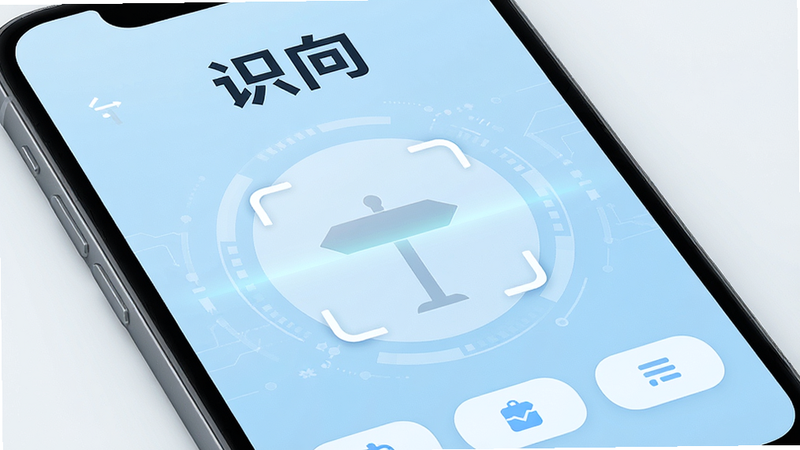 一张高清手机屏幕特写图,屏幕中央显示着“识向”APP的主界面,界面背景为淡蓝色科技风,中心有一个圆形的扫描框,框内隐约可见一个路标图标,界面顶部有“识向”两个大字,底部有三个功能按钮,整体风格简洁现代,高清渲染,无多余元素