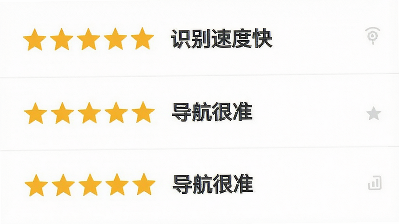 用户评价界面示意图,显示几条五星好评,文字内容为“识别速度快”、“导航很准”,背景为白色,排版整齐,字体清晰,无多余装饰,高清