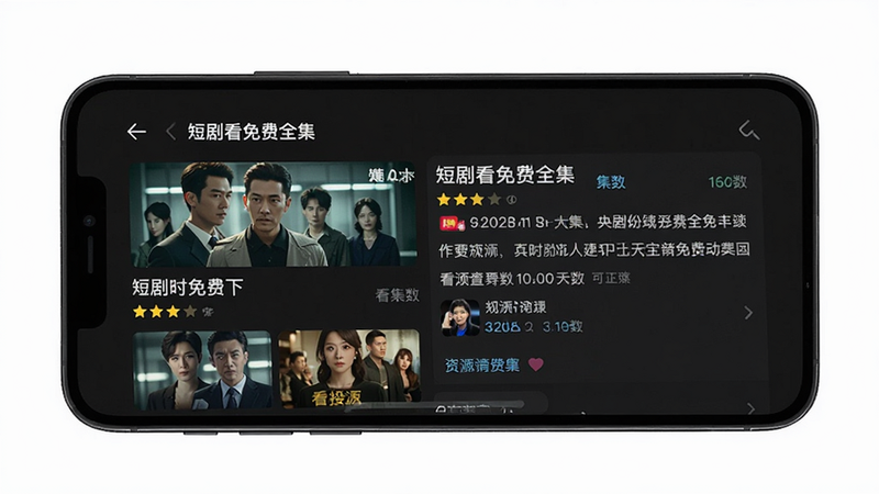 主体为手机屏幕显示“短剧看免费全集”的资源列表页,布局为左图右文样式,排版紧凑有序,风格为深色模式界面,细节显示剧集名称、评分与集数,画质高清,干净,无多余元素