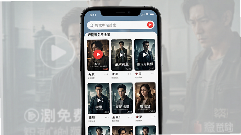 主体为“短剧看免费全集”手机应用界面,布局采用顶部搜索栏加下方网格状剧集封面展示,排版整齐清晰,风格为现代扁平化UI设计,细节包含红色播放按钮图标与高清视频缩略图,画质超清,干净,无多余元素