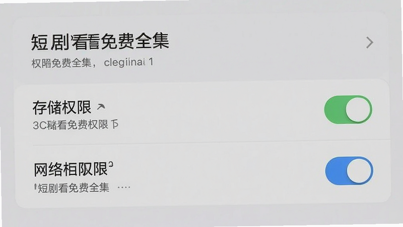 主体为手机设置界面截图,显示“短剧看免费全集”的权限管理页面,布局为列表形式,排版清晰,风格为系统原生UI,细节包含存储权限、网络权限开关,画质清晰,干净,无多余元素