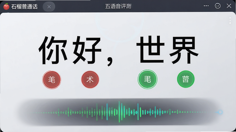 “石榴普通话”语音评测界面,显示一段文字“你好,世界”,每个字下方有对应的评分圆圈,部分圆圈为红色表示错误,部分为绿色表示正确,中间有一个动态的声波条,背景为浅灰色,文字清晰,布局规整,风格科技感,画质高