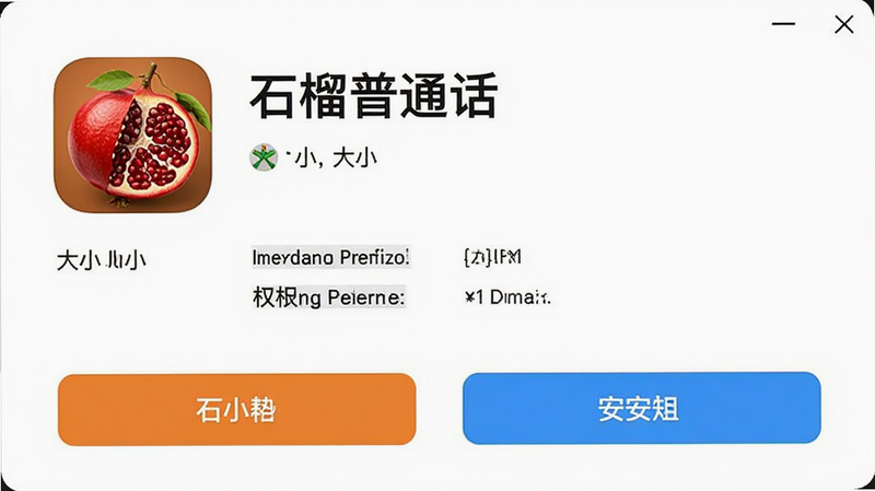 “石榴普通话”安装界面,显示应用图标、名称、大小和权限列表,背景为白色,文字清晰,按钮醒目,风格简洁,画质高,无多余元素