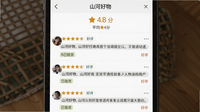 用户评价界面图,主体为“山河好物”App内的商品评价列表,顶部显示平均评分4.8分,下方为多条用户评论,配有五星图标和文字内容,布局整洁,排版易读,风格真实自然,细节处有“已验货”标签,画质清晰,干净,无多余元素,文字显示