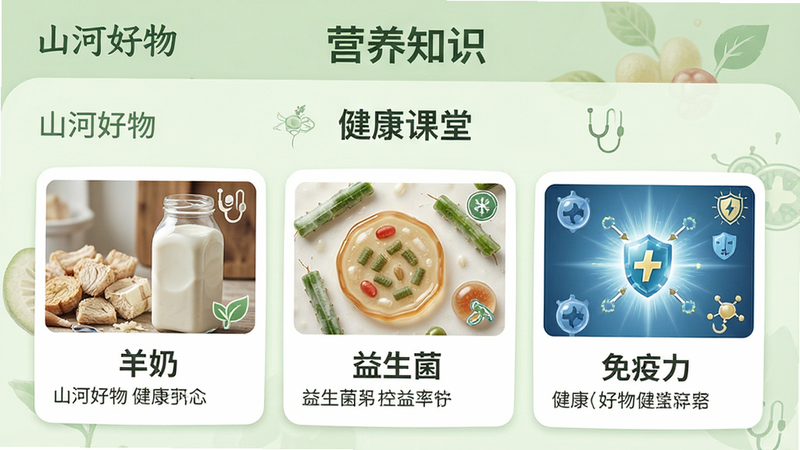 健康科普内容界面图,主体为“山河好物”App内的“健康课堂”板块,背景为淡绿色,顶部有“营养知识”标题,下方排列三篇图文卡片,分别关于“羊奶”、“益生菌”、“免疫力”,布局平衡,排版易读,风格专业严谨,细节处有医学图标装饰,画质高保真,干净,无多余元素,文字显示