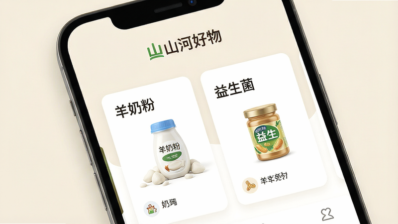 一张现代简约风格的移动端App界面展示图,主体为“山河好物”应用首页,背景为浅米色,顶部有清晰的“山河好物”Logo,中间区域展示“羊奶粉”和“益生菌”商品卡片,布局整齐,排版留白舒适,风格清新自然,细节处体现高品质感,画质高清,干净,无多余元素,文字清晰可见
