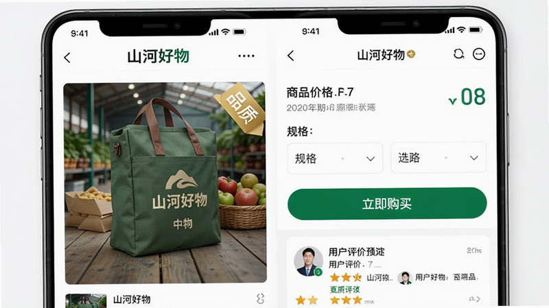 移动端购物流程示意图,主体为“山河好物”App内的商品详情页,左侧显示商品主图,右侧为价格、规格选择及“立即购买”按钮,底部有用户评价预览,布局清晰,排版符合移动端阅读习惯,风格简洁商务,细节突出“品质”标签,画质清晰,干净,无多余元素,文字包含