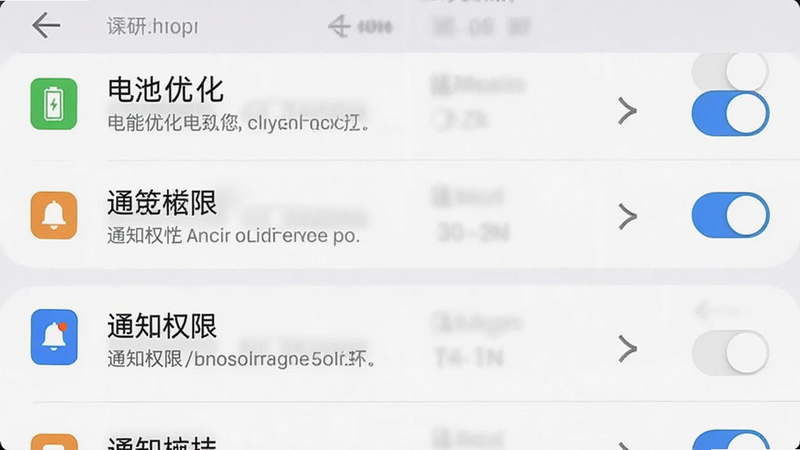 主体为手机设置界面截图,布局清晰展示应用权限管理列表,排版整齐,风格系统原生,细节包含开关按钮、文字说明、图标标识,画质清晰,干净,无多余元素,文字