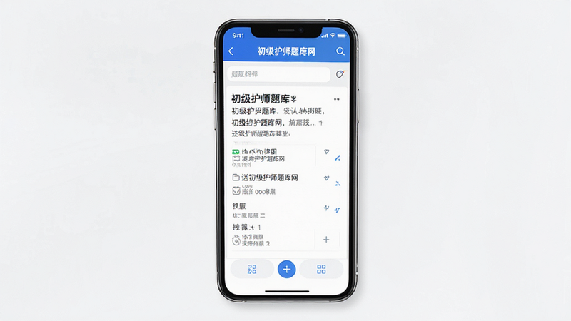 主体为手机屏幕显示初级护师题库网APP界面,布局清晰分为顶部导航栏、中部题目展示区、底部功能按钮区,排版整齐有序,风格现代简约,细节包含蓝色主色调UI、白色背景、清晰的文字排版,画质高清,干净,无多余元素,文字