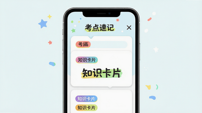 主体为手机屏幕显示知识点卡片界面,布局为上下滑动卡片式,排版美观,风格清新活泼,细节包含彩色标签、关键字体高亮、简洁背景,画质高清,干净,无多余元素,文字