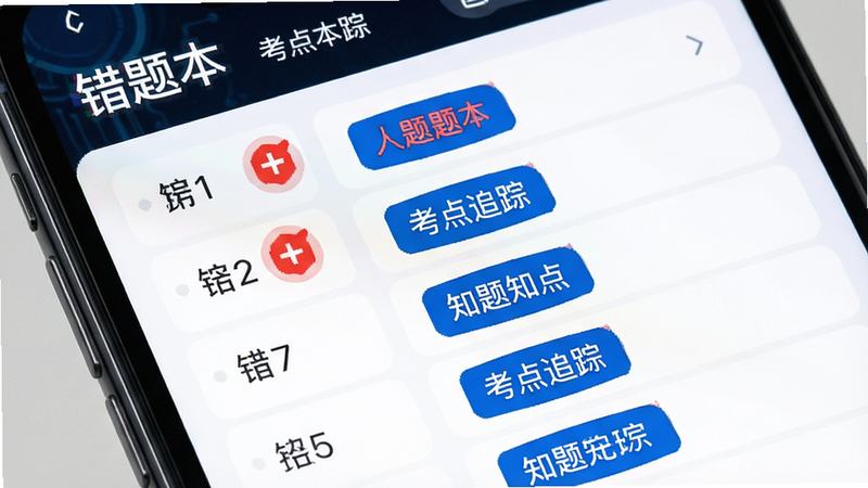 主体为手机屏幕显示错题本列表界面,布局左侧为题目编号,右侧为知识点标签,排版紧凑,风格科技感,细节包含红色高亮显示错题标记、蓝色知识点标签、白色卡片背景,画质清晰,干净,无多余元素,文字