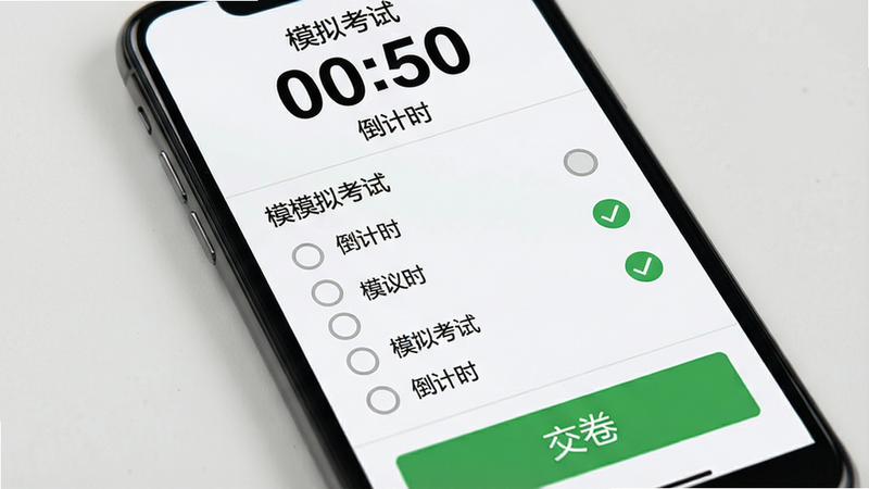 主体为手机屏幕显示模拟考试界面,布局顶部为倒计时器,中部为单选题选项,底部为交卷按钮,排版规范,风格严肃专业,细节包含黑色数字倒计时、灰色未选状态、绿色选中状态、白色背景,画质高清,干净,无多余元素,文字
