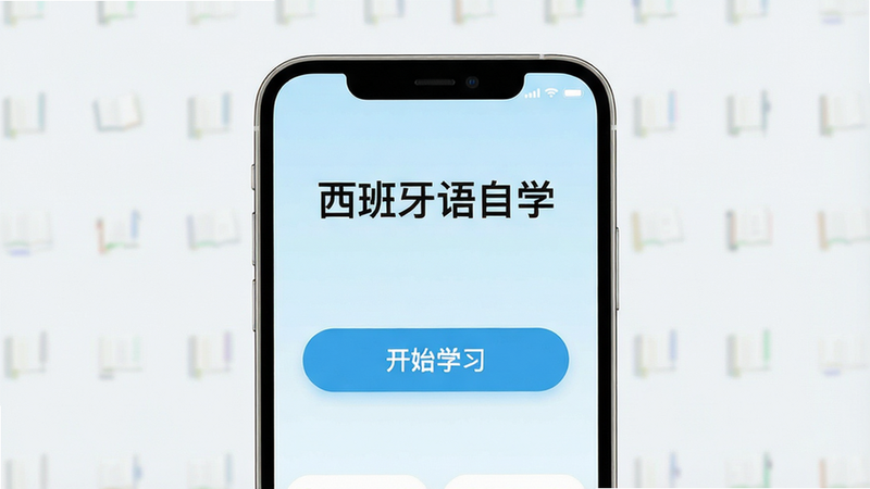 一张高清手机屏幕展示界面,主体是“西班牙语自学”APP的主页,布局整洁,顶部显示软件名称,中间有醒目的“开始学习”按钮,背景为淡蓝色渐变,风格现代简约,细节清晰,画质高清,干净无多余元素