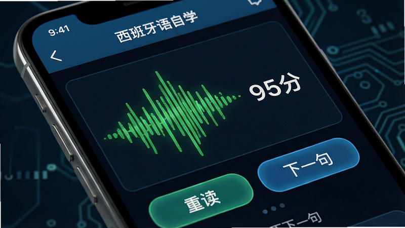 手机界面特写,显示“西班牙语自学”APP的发音评分页面,中间有一个绿色的声波波形图,旁边显示分数“95分”,底部有“重读”和“下一句”按钮,风格科技感,细节丰富,画质清晰,干净背景