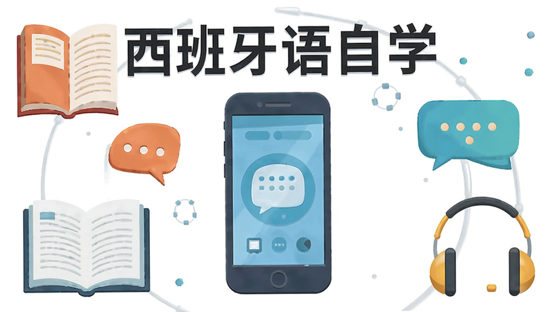 一张扁平化插画,展示一个手机图标,周围环绕着“西班牙语自学”字样,以及书本、对话气泡、耳机等元素,布局平衡,色彩明亮,风格清新,细节精致,画质高清,干净背景
