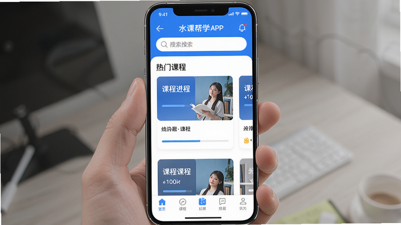 主体为手机屏幕界面,显示水课帮学APP首页,布局清晰,顶部有搜索栏,中间展示热门课程卡片,底部为导航栏,风格简约清新,蓝色为主色调,细节包含课程进度条和图标,高清,干净,无多余元素