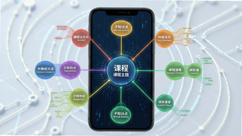 手机界面展示知识点图谱,中心为课程主题,周围辐射出子知识点,连线清晰,色彩区分不同难度等级,布局平衡,风格科技感,高清,干净,无多余元素