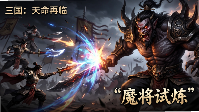 主体为“三国:天命再临”魔将战斗场景,布局为左侧玩家阵容对抗右侧巨大魔将,排版动态强烈,风格为暗黑魔幻与三国元素融合,细节展示技能特效碰撞与魔将狰狞表情,画质精细,干净,文字包含引号内的“魔将试炼”