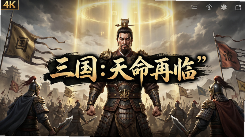 主体为“三国:天命再临”游戏主界面,布局采用居中大Logo设计,背景是宏大的古战场与金色天命光柱,排版清晰突出核心玩法,风格为写实国风水墨与现代CG结合,细节展现武将铠甲纹理与战旗飘扬,画质4K高清,干净无多余元素,文字包含引号内的“三国:天命再临”