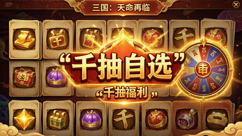 主体为“三国:天命再临”千抽奖励界面,布局为卡片堆叠展示,中央突出显示“千抽自选”字样,排版喜庆热闹,风格为金碧辉煌的奖励界面,细节展示金光闪闪的奖励图标与转盘元素,画质亮丽,干净,文字包含引号内的“千抽福利”