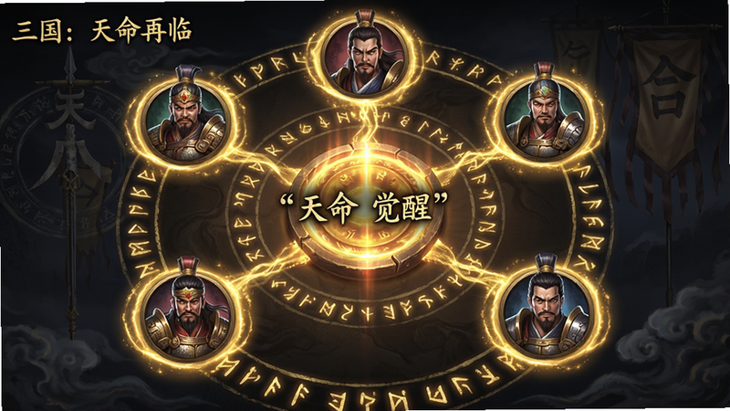 主体为“三国:天命再临”的天命系统界面,布局为环形阵型展示,中心发光核心连接周围六个武将图标,排版对称美观,风格为神秘玄幻与三国古风结合,细节展示金色符文流转与武将光环,画质高清,干净,文字包含引号内的“天命觉醒”