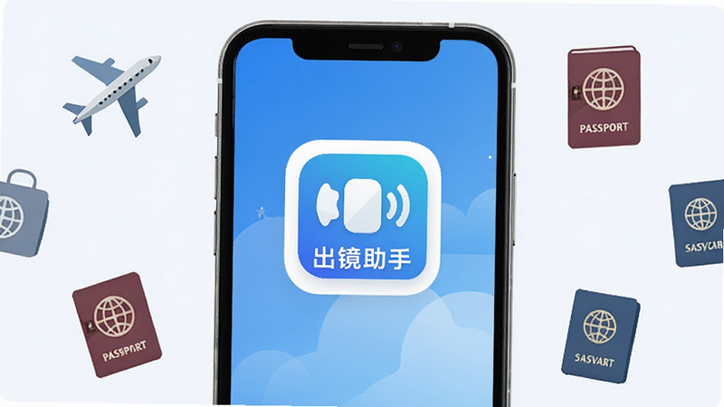 一张展示手机屏幕界面的概念图,屏幕中央显示“出镜助手”APP图标,背景为简洁的蓝白色调,周围环绕着飞机、护照、签证等扁平化图标,象征便捷的出境服务,整体风格现代、清晰、无多余装饰,高清画质