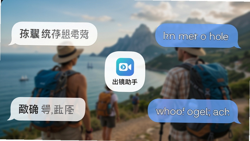手机翻译界面,左侧中文右侧英文对话气泡,中间显示“出镜助手”Logo,背景为旅行场景虚化,界面简洁友好,字体易读,突出跨语言沟通功能,高清画质