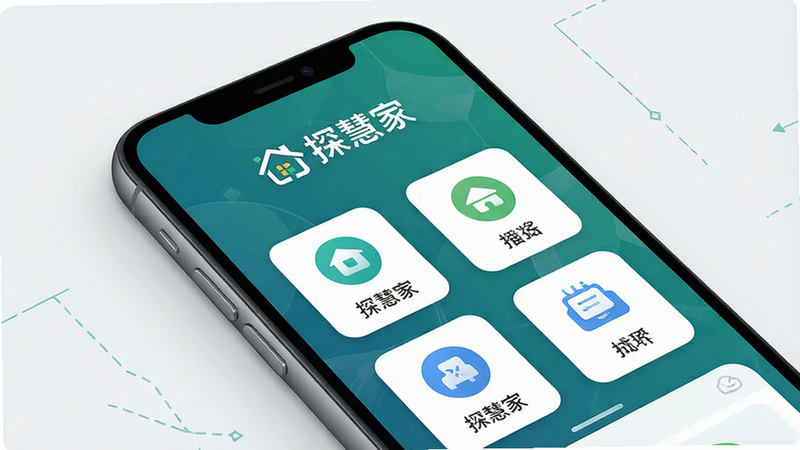 һ��չʾ̽�ۼ�App������ĸ���ͼ������Ϊ�ֻ���Ļ����Ļ��ʾ��̽�ۼҡ�Logo�����Ĺ���ͼ�꣬�������࣬�Ű�����������ִ���Լ��ϸ�ڷḻ�����ʸ��壬�ɾ����޶���Ԫ��