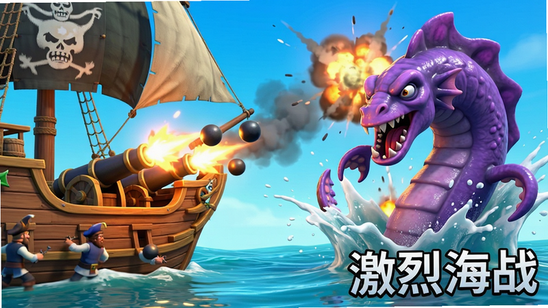 主体为《海盗海怪大作战》战斗场景,布局为左侧海盗船炮口发射炮弹,右侧一只巨大的紫色海怪正在躲避,排版动感,风格为高饱和度3D游戏截图,细节展现水花飞溅与爆炸烟雾,画质超清,干净,无多余元素,文字“激烈海战”位于右下角