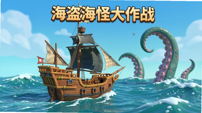 主体为《海盗海怪大作战》游戏主界面,布局采用中央大海景,一艘木质海盗船在波涛汹涌的海面上航行,远处有巨大的海怪触手伸出,排版清晰,风格为3D卡通渲染,细节丰富,画质高清,干净,无多余元素,文字“海盗海怪大作战”位于顶部中央