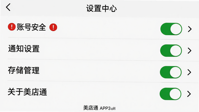 主体为美店通APP的设置页面截图,布局为列表式,包含'账号安全'、'通知设置'、'存储管理'、'关于美店通'等选项,每个选项右侧有箭头指示可进入下级菜单,风格为简洁的白底黑字,重要选项如'账号安全'带有红色感叹号图标警示,细节展示开关按钮的开启状态,画质清晰,文字'设置中心'在顶部,'美店通'版本号在底部小字显示