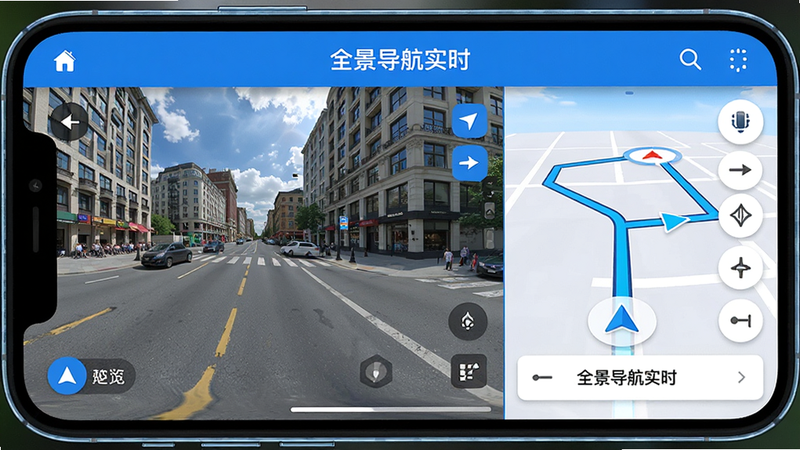 主体为手机屏幕,显示“全景导航实时”APP界面,布局清晰,左侧为全景街景,右侧为导航路线,排版简洁,风格现代科技蓝,细节丰富,画质高清,干净,无多余元素,alt属性为全景导航实时预览图