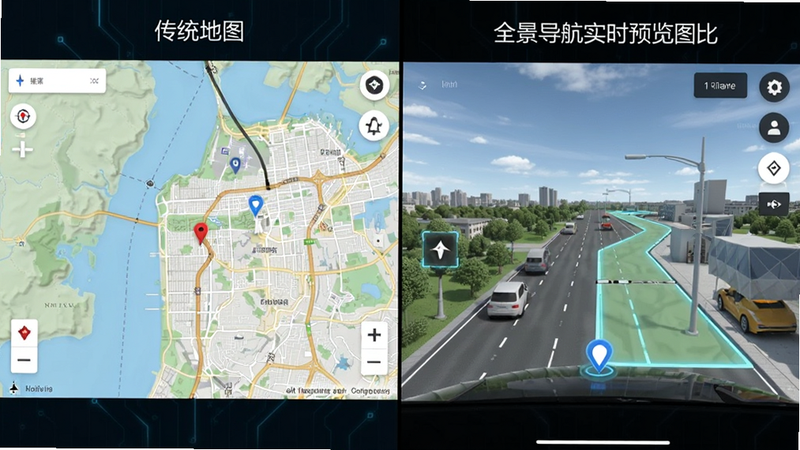 主体为对比图,左侧为传统地图,右侧为全景导航,布局左右分屏,排版清晰,风格科技感,细节为视角差异,画质高,干净,无多余元素,alt属性为全景导航实时预览图
