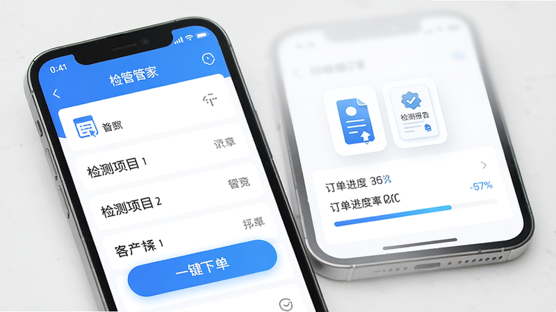 ����Ϊ�ֻ���Ļ��ʾ��ܼ�APP���棬��������չʾ�����Ŀ�б��붩�����������Ű����ִ������Ϊ��ƽ���Ƽ�������ɫ��ϸ�ڰ��������ġ�һ���µ�����ť�������ļ�ⱨ��ͼ�꣬���ʸ��壬�ɾ����޶���Ԫ��