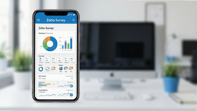 一张展示 Zoho Survey 应用界面的全景图,主体为手机屏幕,屏幕上显示着色彩丰富的图表和问卷列表,背景是模糊的办公环境,采用扁平化设计风格,布局清晰,排版整齐,细节精致,画质高清,干净无多余元素,文字标注为
