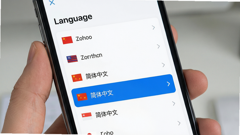 展示 Zoho Survey 多语言切换界面的手机屏幕,主体是语言选择列表,高亮显示“简体中文”选项,风格为现代 UI 设计,布局简洁,排版整齐,细节处有国旗图标,画质清晰,干净,无多余元素,文字标注为