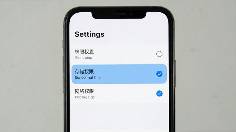 展示移动端设置界面的手机屏幕,主体是权限设置列表,高亮显示“存储权限”和“网络权限”选项,风格为简洁 UI 设计,布局垂直排列,排版清晰,细节处有勾选标记,画质清晰,干净,无多余元素,文字标注为