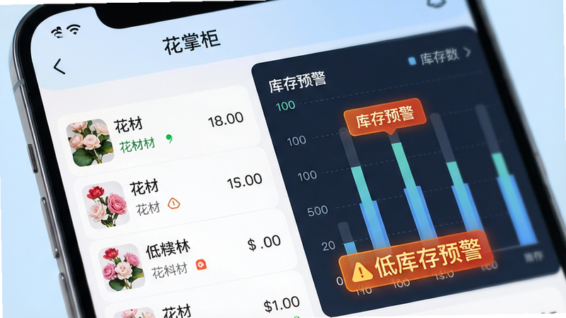 手机屏幕展示“花掌柜”APP的库存管理界面,左侧是花材列表,右侧是库存数量图表,高亮显示“低库存预警”标签,背景为柔和的浅蓝色,风格科技感强,细节清晰,文字“库存预警”清晰可见,画质高清,布局紧凑