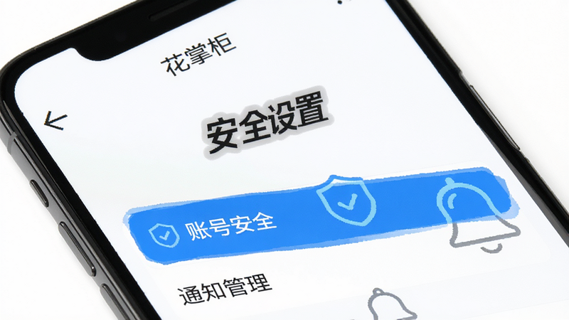 手机屏幕展示“花掌柜”APP的设置页面,高亮显示“账号安全”和“通知管理”选项,背景为白色,风格简洁,细节清晰,文字“安全设置”醒目,画质高清,布局整洁