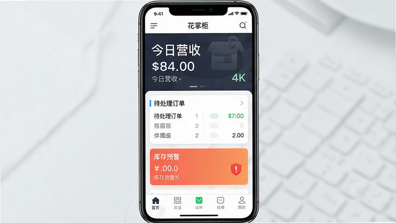 一张高清的手机应用界面截图,主体为“花掌柜”APP首页,布局清晰,顶部显示“今日营收”大字,中间是“待处理订单”和“库存预警”卡片,底部是导航栏,风格为现代简约商务风,细节丰富,画质4K,干净无多余元素