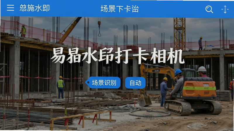 易拍水印打卡相机 场景识别 界面 工地背景 自动标签 蓝色UI 清晰文字 高清细节 布局合理 无杂乱元素