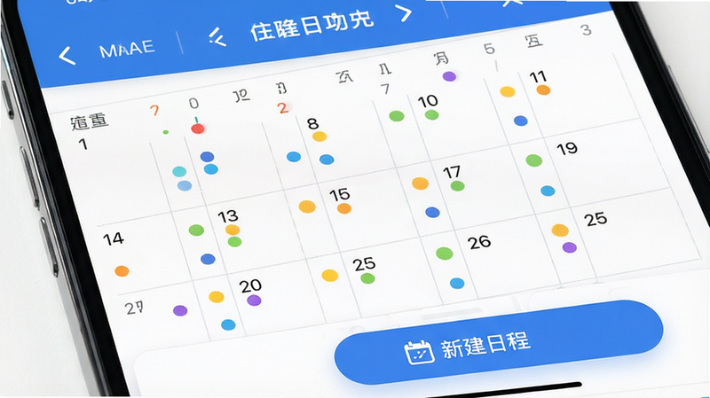 一张展示手机日历界面的特写图,界面顶部显示月份导航,中间网格布局展示日期,每个日期格子内有不同颜色的小圆点代表不同类型的日程,底部有一个悬浮按钮显示“新建日程”,界面整洁,色彩搭配和谐,高清,干净,无多余元素