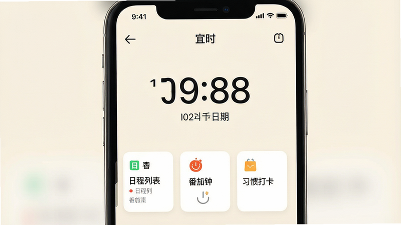 一张展示智能手机界面的高清图片,主体为“宜时”APP的主界面,采用极简主义设计风格,背景为柔和的米白色,中央显示大字号的当前时间与日期,下方排列着三个功能卡片:日程列表、番茄钟、习惯打卡,界面元素清晰,无多余装饰,高清,干净,无多余元素