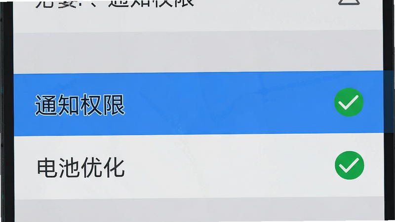 一张展示手机设置界面的示意图,列表中高亮显示“通知权限”和“电池优化”选项,旁边有绿色的对勾图标,背景为系统默认的灰色调,界面清晰,指示明确,高清,干净,无多余元素