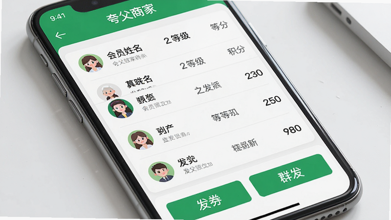 手机界面展示“夸父商家”会员管理页面,列表显示会员姓名、等级、积分,底部有“发券”、“群发”按钮,布局列表式,风格清新,绿色点缀,细节处有用户头像图标,画质细腻