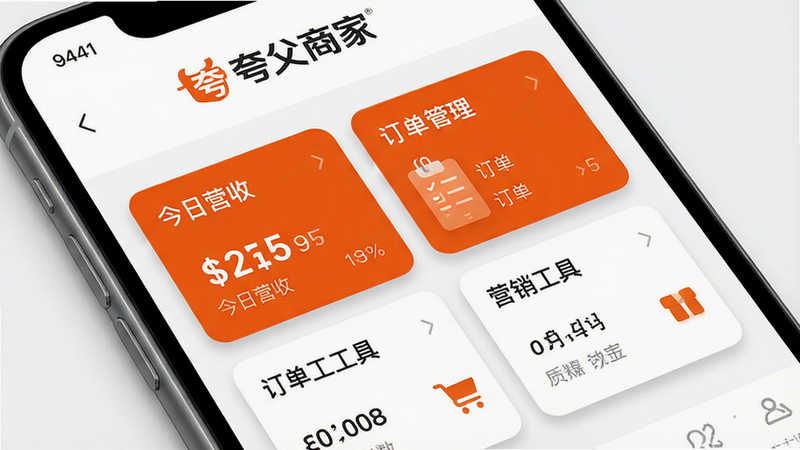一张高清手机屏幕特写,主体为“夸父商家”App界面,布局清晰,顶部显示“夸父商家”Logo,中间分为“今日营收”、“订单管理”、“营销工具”四个卡片式板块,配色采用品牌色与白色搭配,风格现代简约,细节处有细微阴影增加立体感,画质4k,干净无多余元素